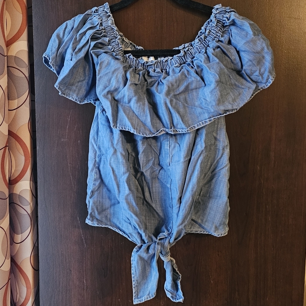 Crown And Ivy Blue Ruffle Tie-Front Blouse